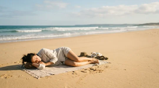 Personne reposant paisiblement sur le sable d'une plage ensoleillée avec les vagues en arrière-plan, incarnant l'art de la sieste côtière