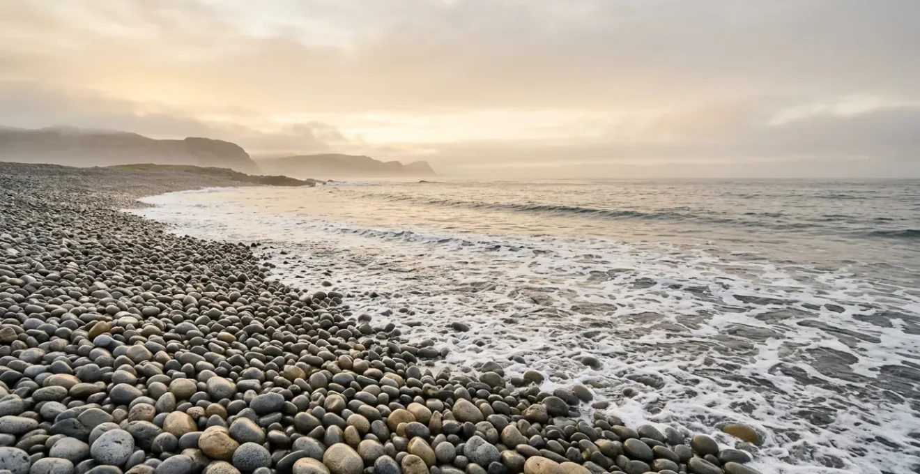 Vue contemplative d'une plage de galets sous une lumière douce, avec le ressac créant des textures et des mouvements apaisants