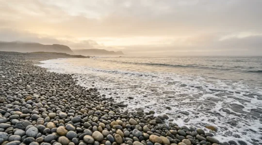 Vue contemplative d'une plage de galets sous une lumière douce, avec le ressac créant des textures et des mouvements apaisants