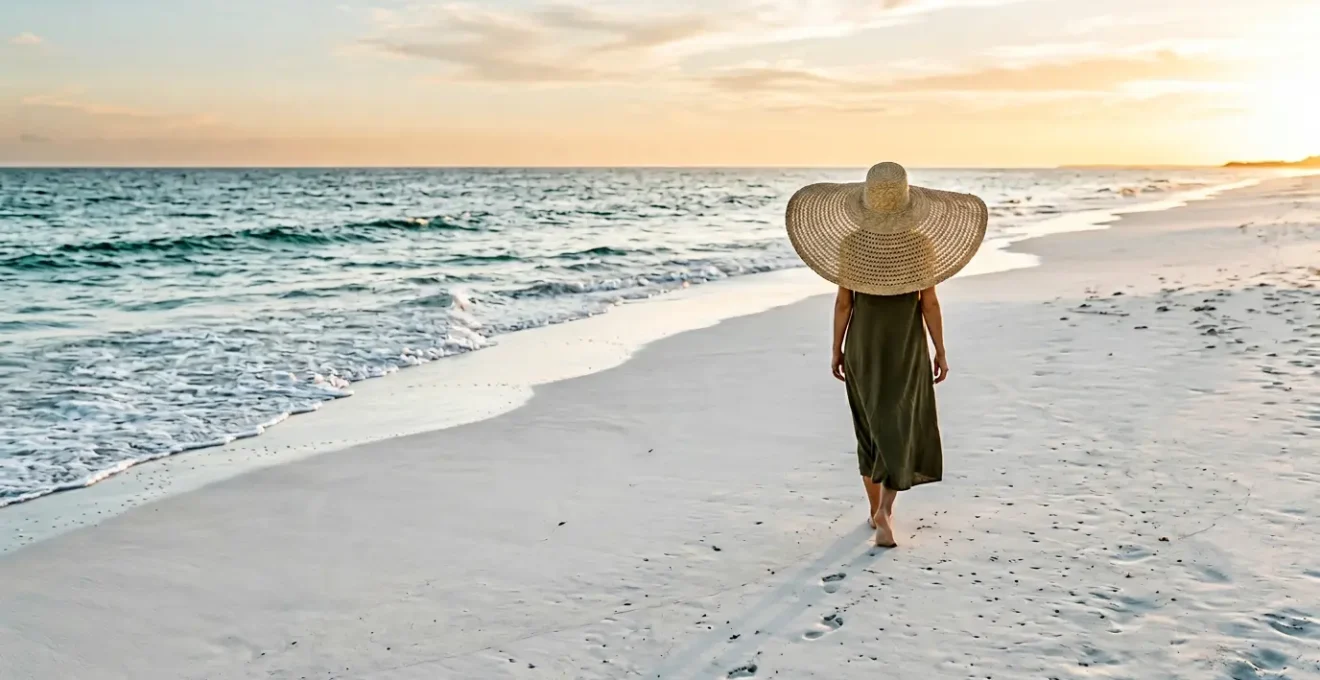 Vue large d'une silhouette féminine portant un chapeau XXL à larges bords sur une plage ensoleillée, créant une ombre protectrice