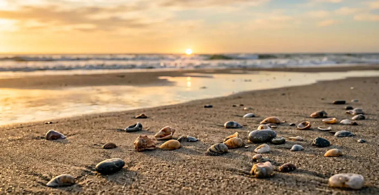Collection de coquillages vides et minéraux disposés harmonieusement sur une plage naturelle, évoquant une approche respectueuse de l'environnement