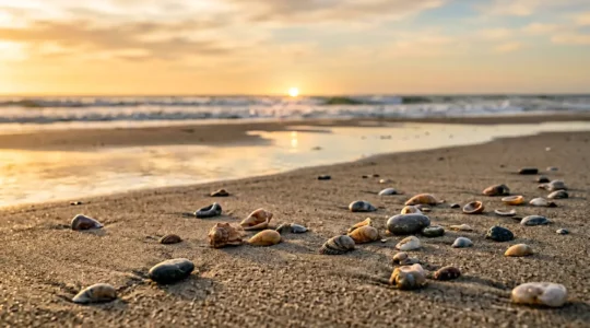 Collection de coquillages vides et minéraux disposés harmonieusement sur une plage naturelle, évoquant une approche respectueuse de l'environnement
