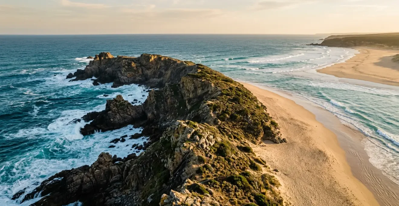 Vue aérienne contrastant une côte rocheuse déchiquetée et une plage rectiligne sous une lumière naturelle