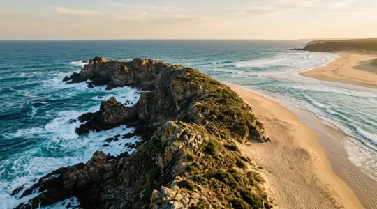 Vue aérienne contrastant une côte rocheuse déchiquetée et une plage rectiligne sous une lumière naturelle