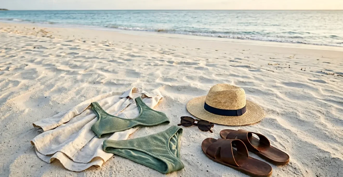 Composition de vêtements de plage et accessoires disposés sur sable clair avec lumière naturelle