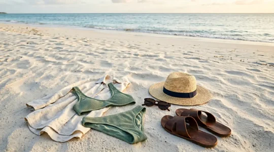 Composition de vêtements de plage et accessoires disposés sur sable clair avec lumière naturelle