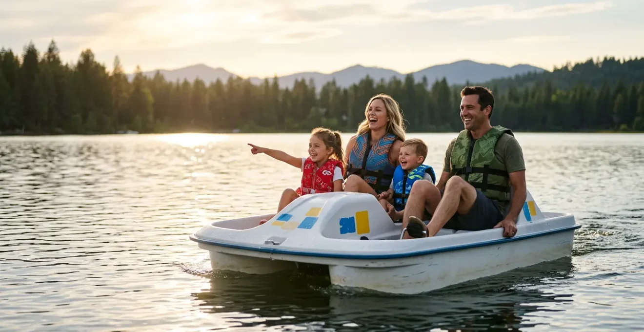 Famille profitant d'une sortie en pedalo sur un lac calme lors d'une journee ensoleilee