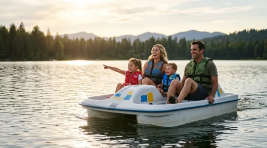 Famille profitant d'une sortie en pedalo sur un lac calme lors d'une journee ensoleilee