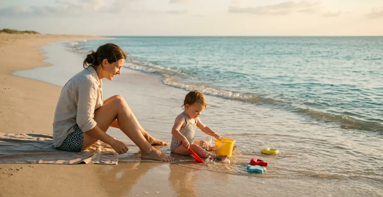 Famille sur une plage tranquille avec bébé de 2 ans jouant au bord de l'eau peu profonde