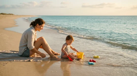 Famille sur une plage tranquille avec bébé de 2 ans jouant au bord de l'eau peu profonde