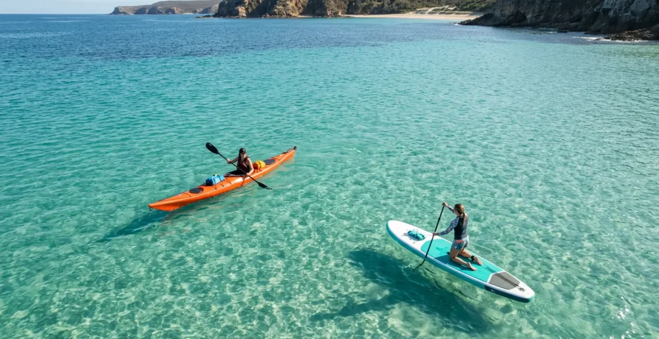 Vue aérienne d'un kayak et d'un paddle côte à côte sur des eaux turquoise peu profondes, prêts pour une exploration côtière