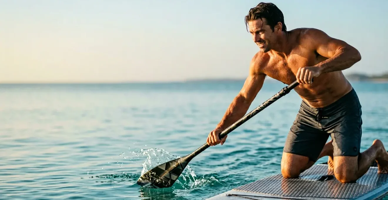 Personne pratiquant le stand up paddle avec un effort visible de gainage sur l'eau