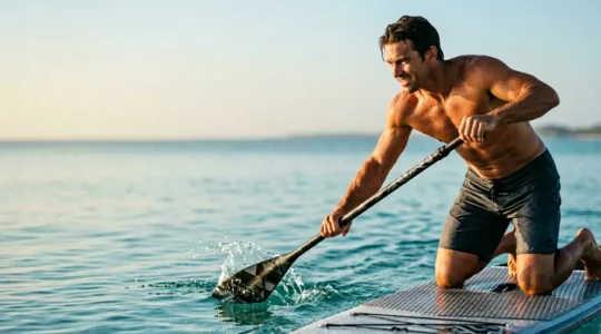 Personne pratiquant le stand up paddle avec un effort visible de gainage sur l'eau