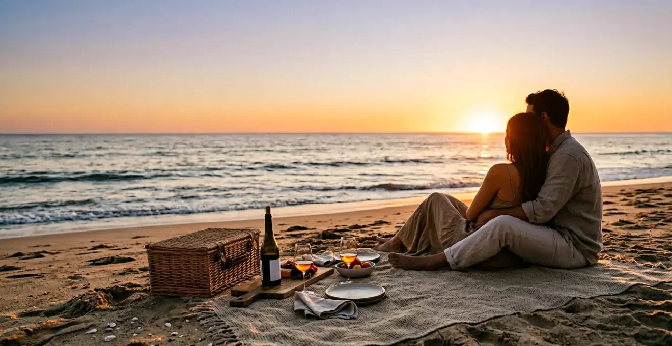 Couple partageant un pique-nique romantique sur une plage au coucher du soleil avec panier et nappe