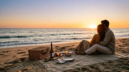 Couple partageant un pique-nique romantique sur une plage au coucher du soleil avec panier et nappe