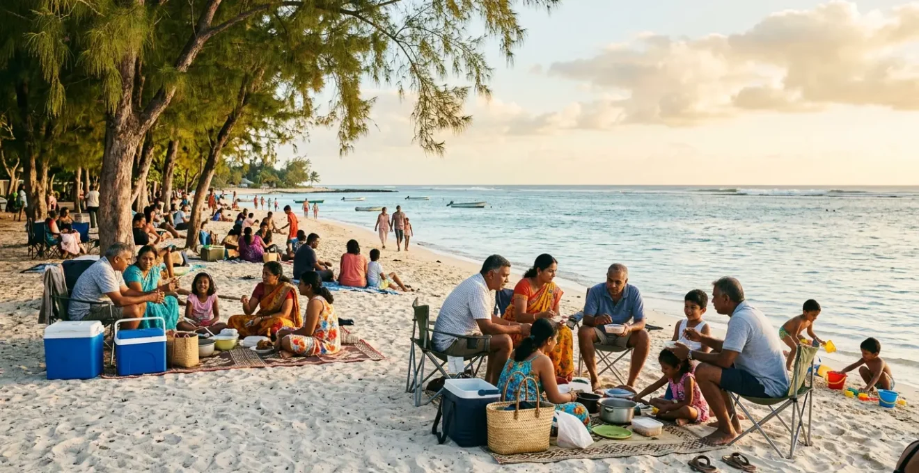 Familles mauriciennes profitant d'un pique-nique dominical traditionnel sur la plage de Flic-en-Flac