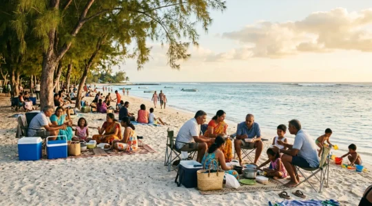 Familles mauriciennes profitant d'un pique-nique dominical traditionnel sur la plage de Flic-en-Flac