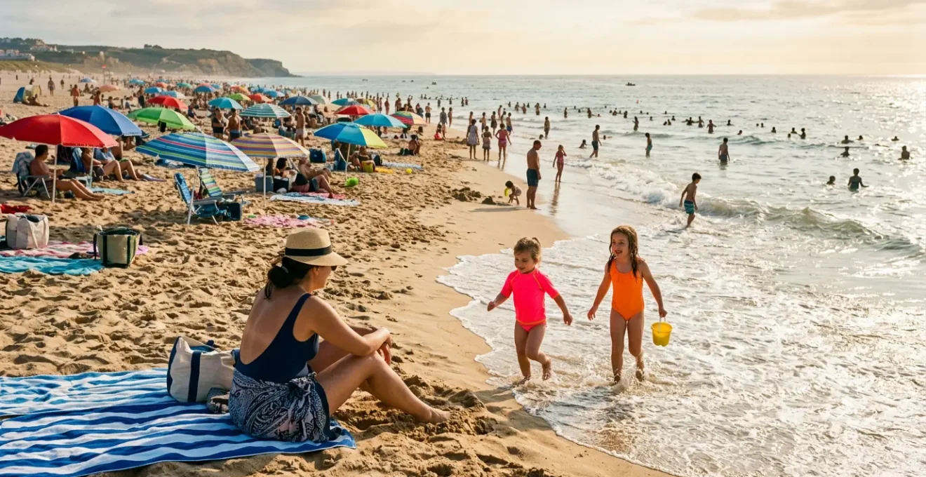 Parents surveillant attentivement leurs enfants jouant près de l'eau sur une plage très fréquentée en été