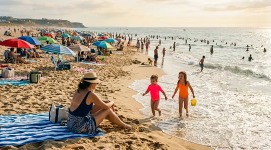 Parents surveillant attentivement leurs enfants jouant près de l'eau sur une plage très fréquentée en été