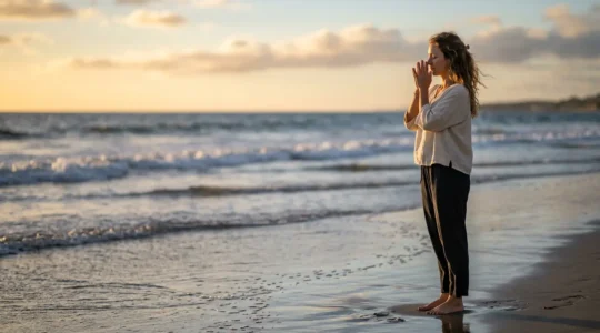 Personne les yeux fermés respirant face à l'océan, sensations tactiles et immersion sensorielle à la plage