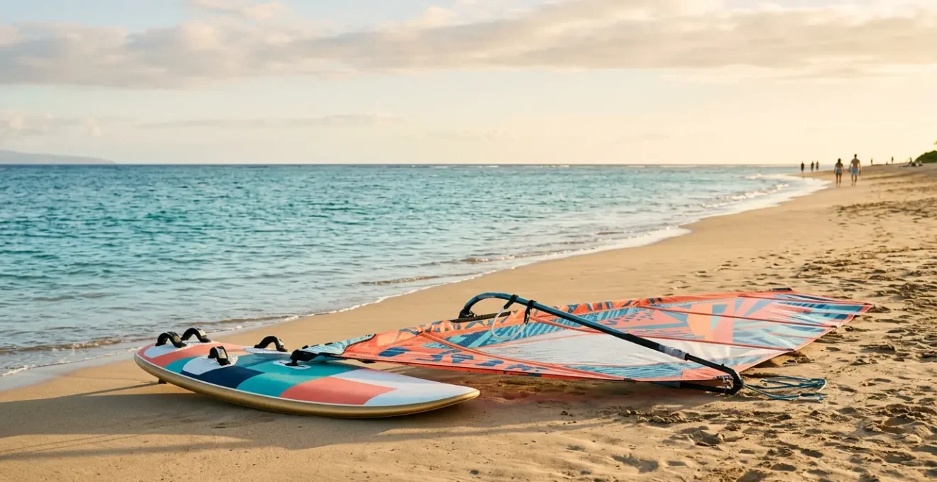 Une planche à voile moderne large et stable posée sur le sable avec une voile légère déployée sous un ciel lumineux