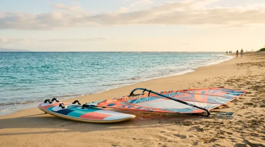 Une planche à voile moderne large et stable posée sur le sable avec une voile légère déployée sous un ciel lumineux