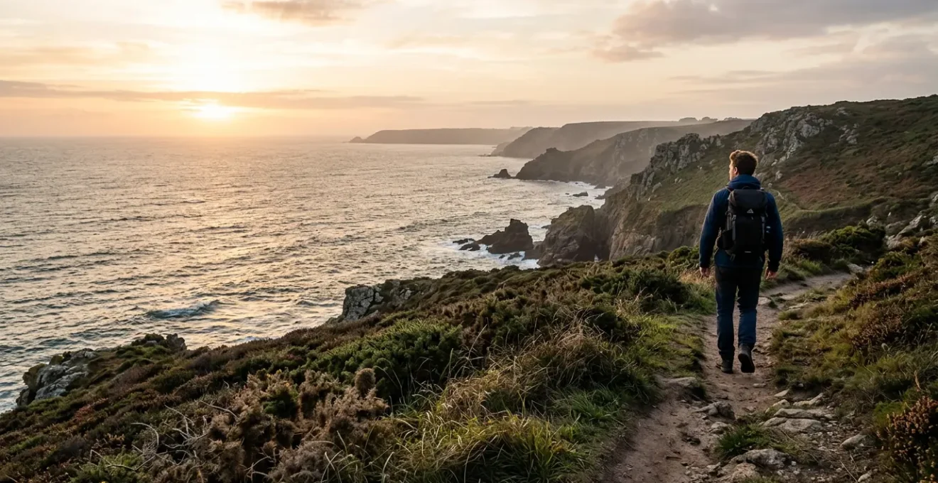 Randonneur sur le sentier côtier face à l'océan en Bretagne