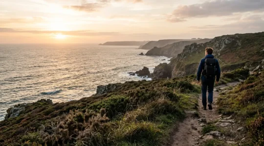 Randonneur sur le sentier côtier face à l'océan en Bretagne