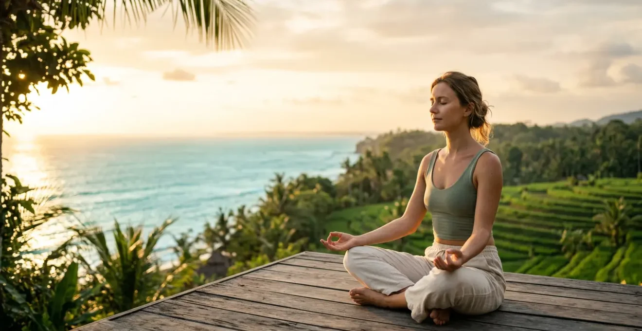 Personne en posture de méditation face à l'océan tropical au lever du soleil, rizières en arrière-plan, atmosphère sereine et contemplative