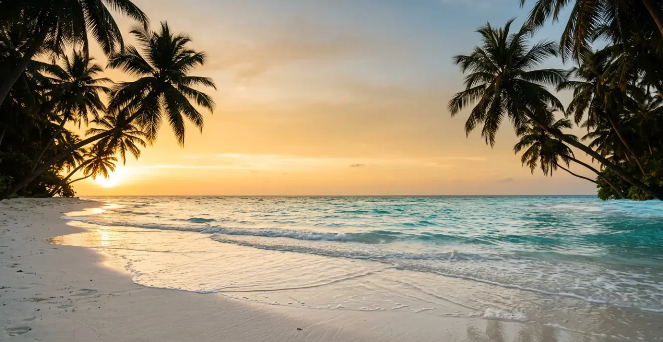 Plage tropicale baignée de lumière dorée au coucher du soleil avec sable blanc et palmiers
