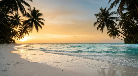 Plage tropicale baignée de lumière dorée au coucher du soleil avec sable blanc et palmiers