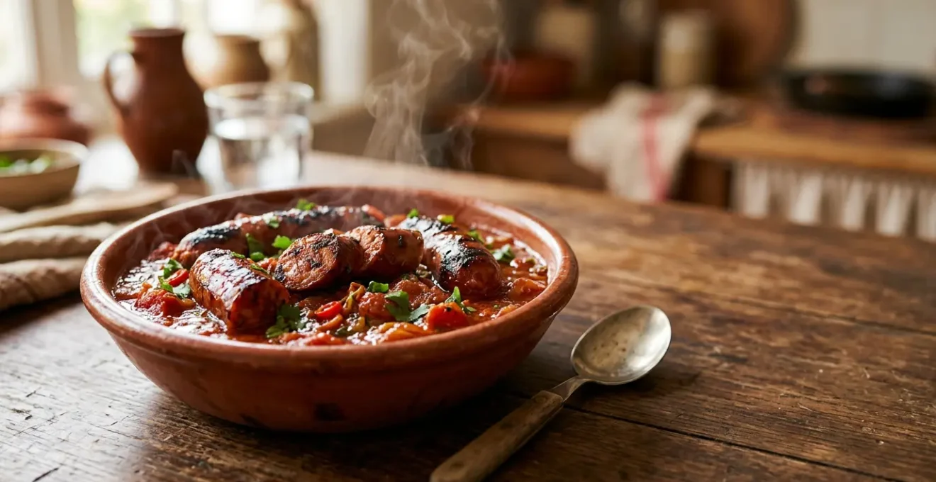 Plat de rougail saucisse créole réunionnais avec sauce tomate épicée et saucisses fumées