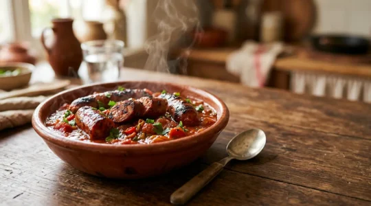 Plat de rougail saucisse créole réunionnais avec sauce tomate épicée et saucisses fumées