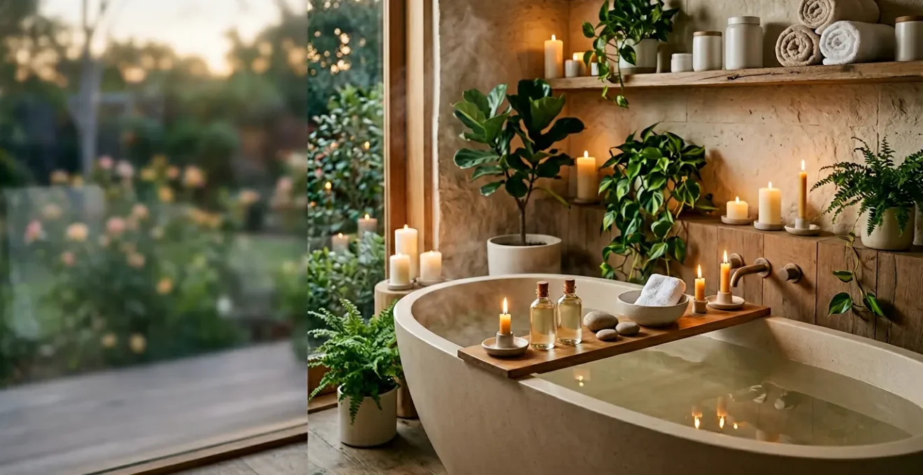 Ambiance apaisante d'une salle de bain transformée en spa avec bougies et accessoires de relaxation