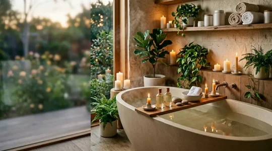 Ambiance apaisante d'une salle de bain transformée en spa avec bougies et accessoires de relaxation