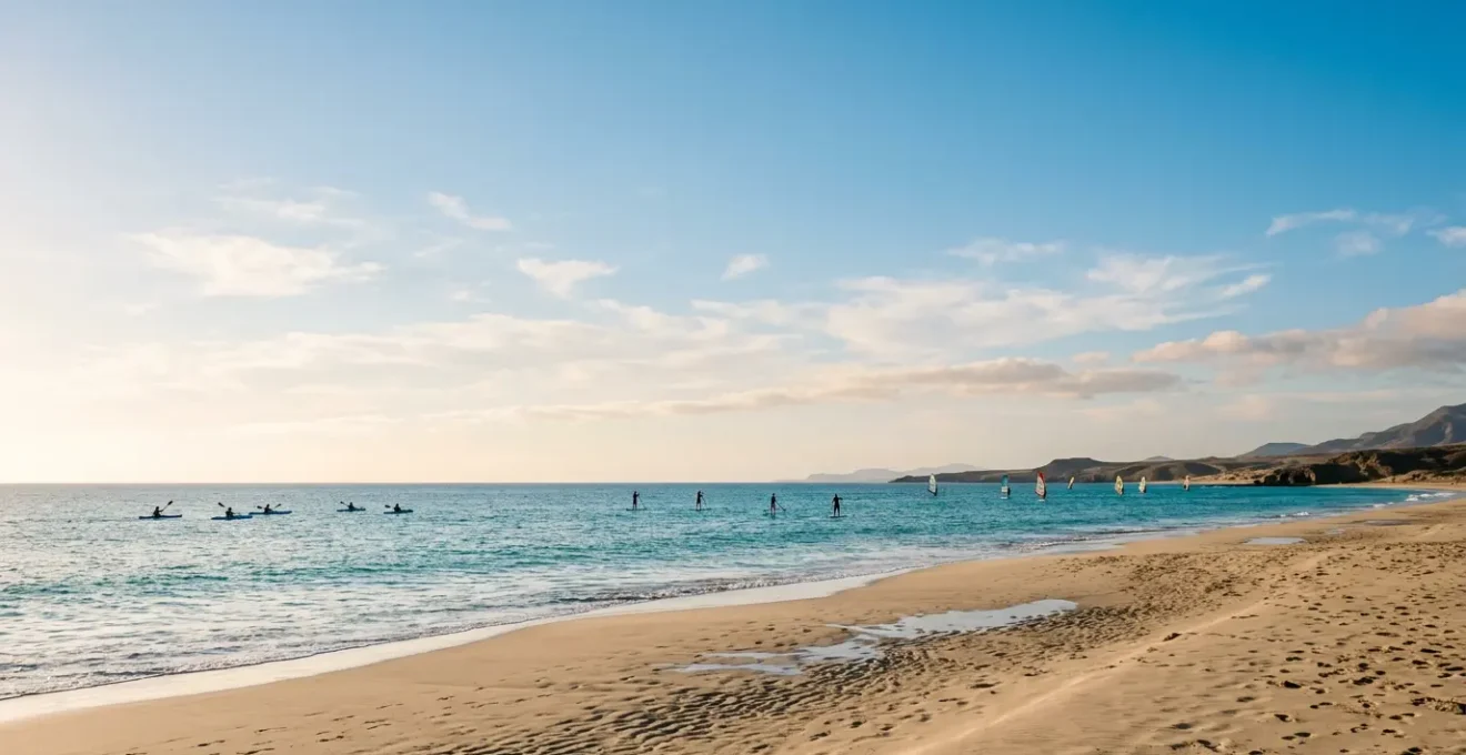 Scène côtière estivale avec différents sports nautiques pratiqués simultanément par des débutants