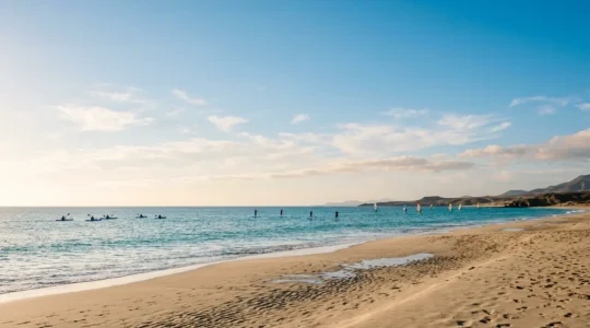 Scène côtière estivale avec différents sports nautiques pratiqués simultanément par des débutants