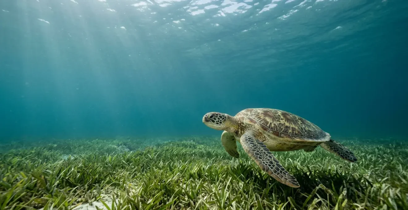 Tortue marine évoluant dans un herbier marin sous une lumière naturelle douce, photographiée depuis une distance respectueuse