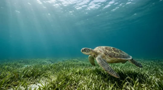 Tortue marine évoluant dans un herbier marin sous une lumière naturelle douce, photographiée depuis une distance respectueuse