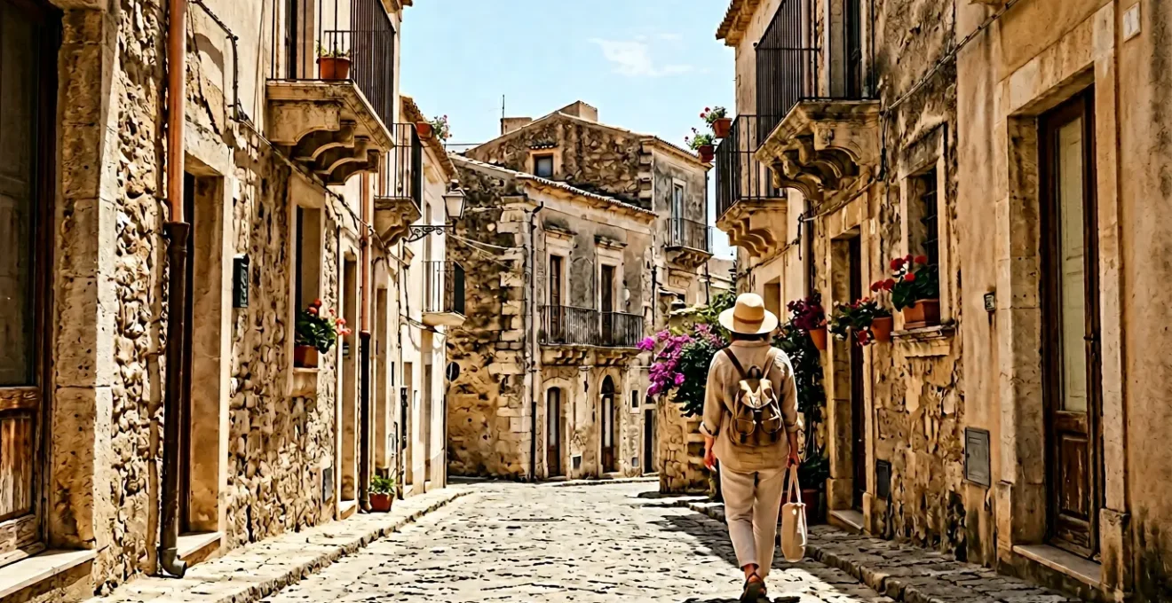Voyageur marchant en ville sous forte chaleur avec protection solaire