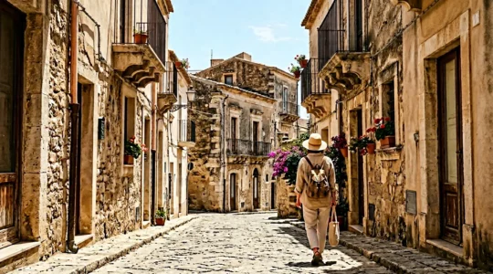 Voyageur marchant en ville sous forte chaleur avec protection solaire