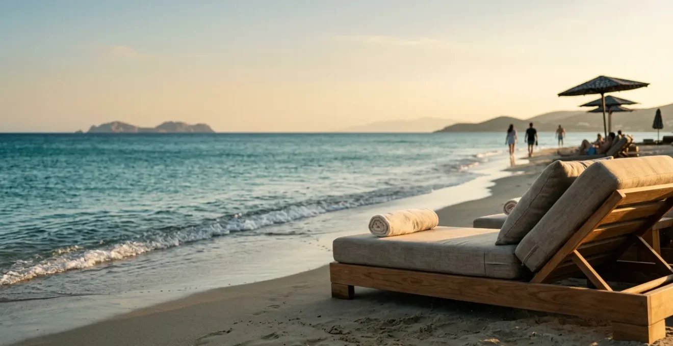 Personne se relaxant sur un transat épais au bord de la mer illustrant le confort haut de gamme des plages privées