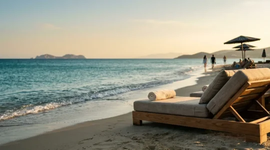 Personne se relaxant sur un transat épais au bord de la mer illustrant le confort haut de gamme des plages privées