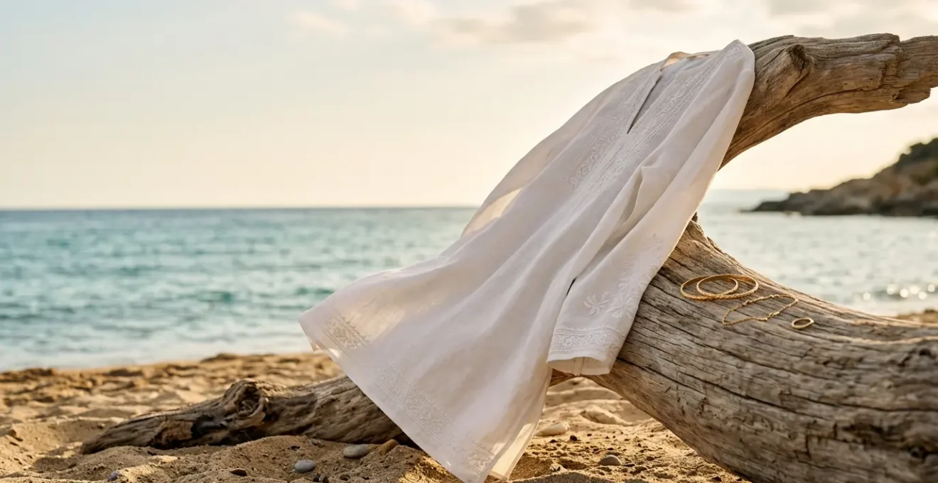 Tunique de plage blanche fluide avec accessoires dorés sur fond de bord de mer méditerranéen