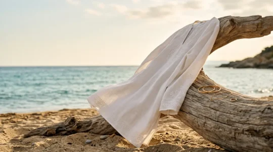 Tunique de plage blanche fluide avec accessoires dorés sur fond de bord de mer méditerranéen