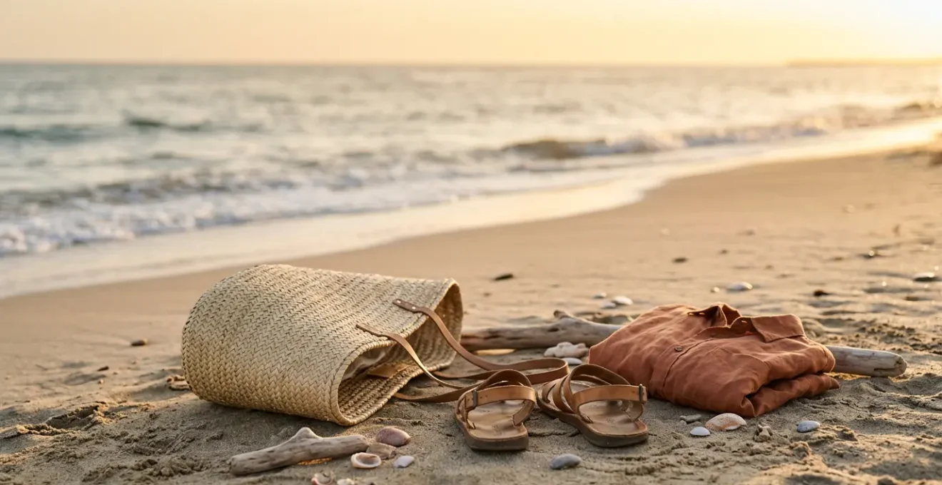 Scène de plage estivale capturant l'essence du style vacancier décontracté avec accessoires minimalistes