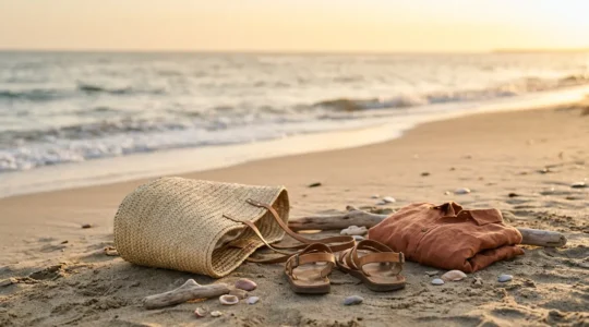 Scène de plage estivale capturant l'essence du style vacancier décontracté avec accessoires minimalistes