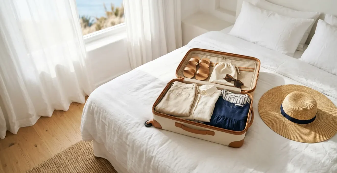 Valise cabine ouverte avec tenues de plage minimalistes en lin et couleurs neutres soigneusement pliées