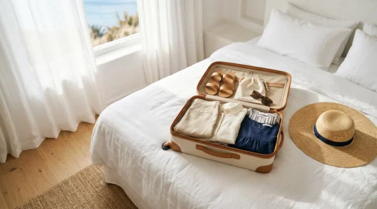 Valise cabine ouverte avec tenues de plage minimalistes en lin et couleurs neutres soigneusement pliées