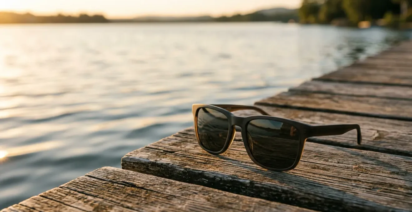Lunettes de soleil polarisées sur une surface près de l'eau avec reflets lumineux